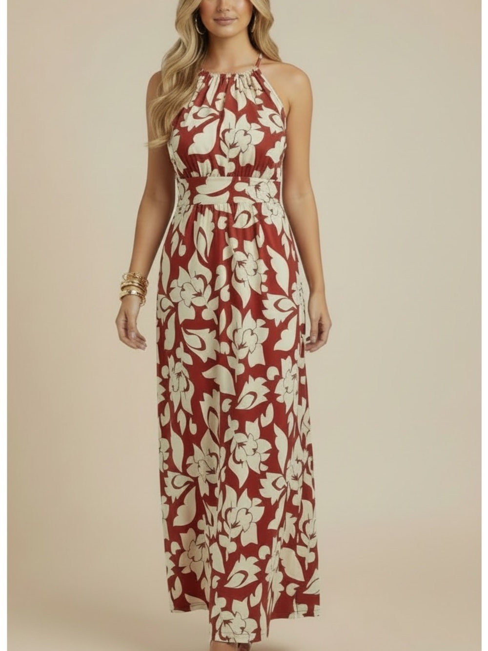NWT LONDON TIMES Red & Ivory Floral Halter Keyhole Front/Back Maxi Dress Size 10